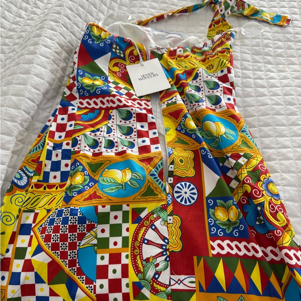 Vibrant Red and Yellow Mini Dress with Retro Print